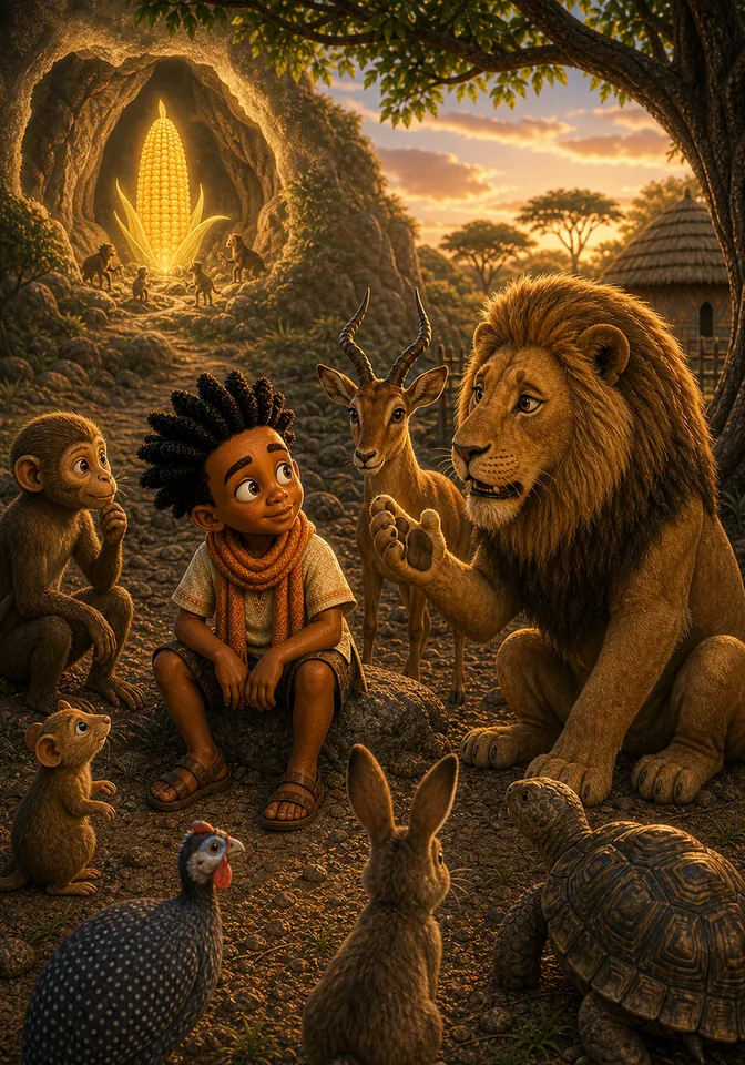 Lion tells the legend while the hidden cave and golden corn appear in an imagination bubble.