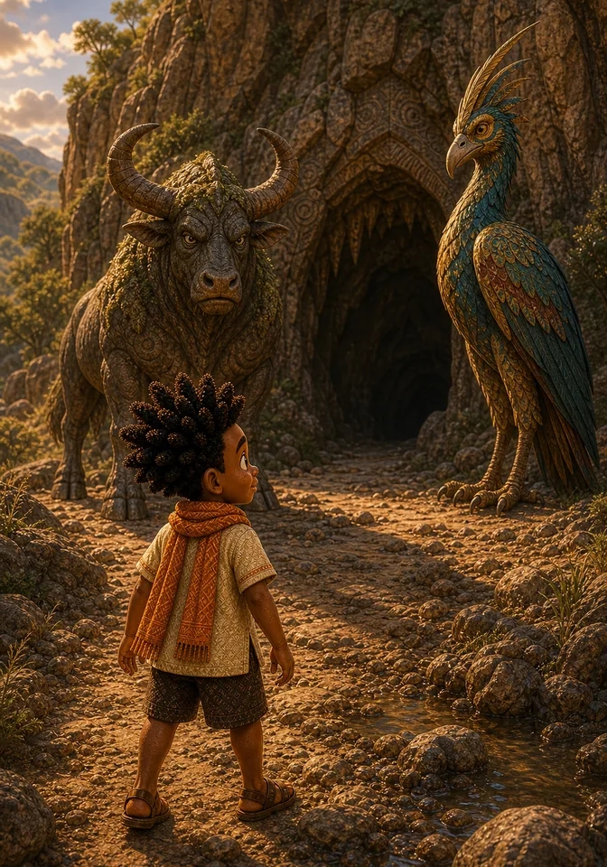 Hornback and Feather-Eye guard the Cave of Echoes beyond the dry riverbed.