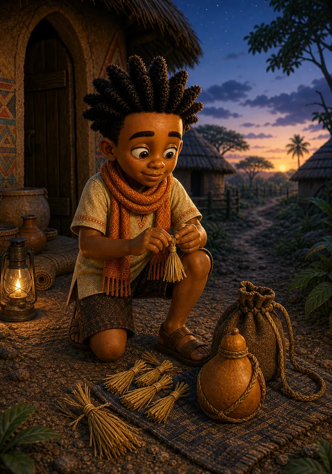Kweku packs supplies and simple golden raffia trail markers before dawn.