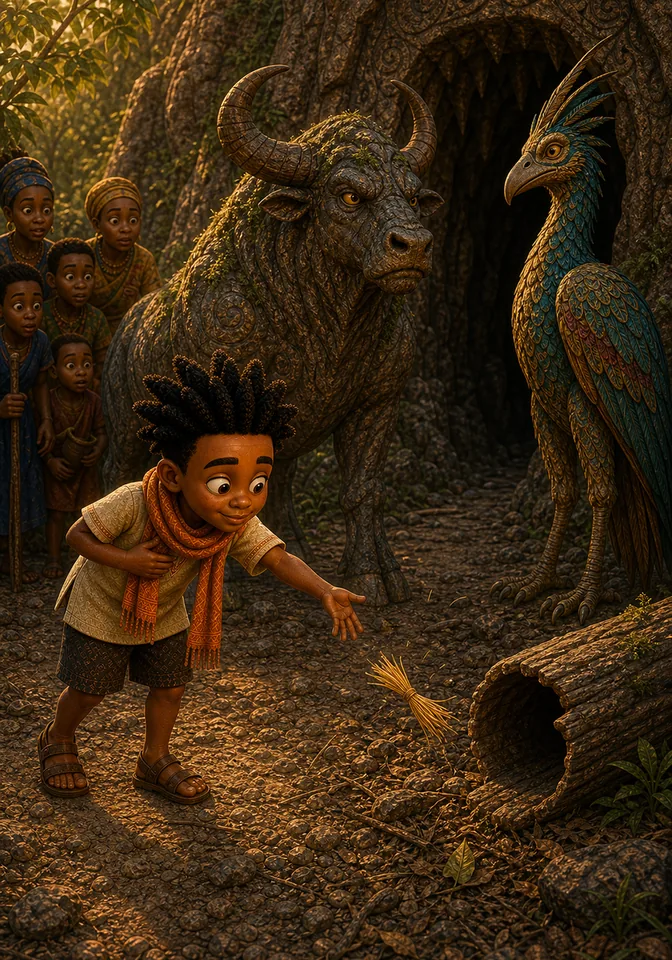 Kweku distracts Hornback and Feather-Eye with a simple raffia tassel.