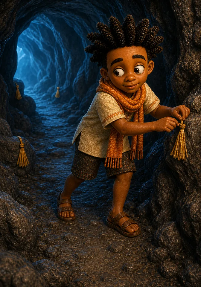 Kweku follows simple raffia markers through a blue winding cave passage.