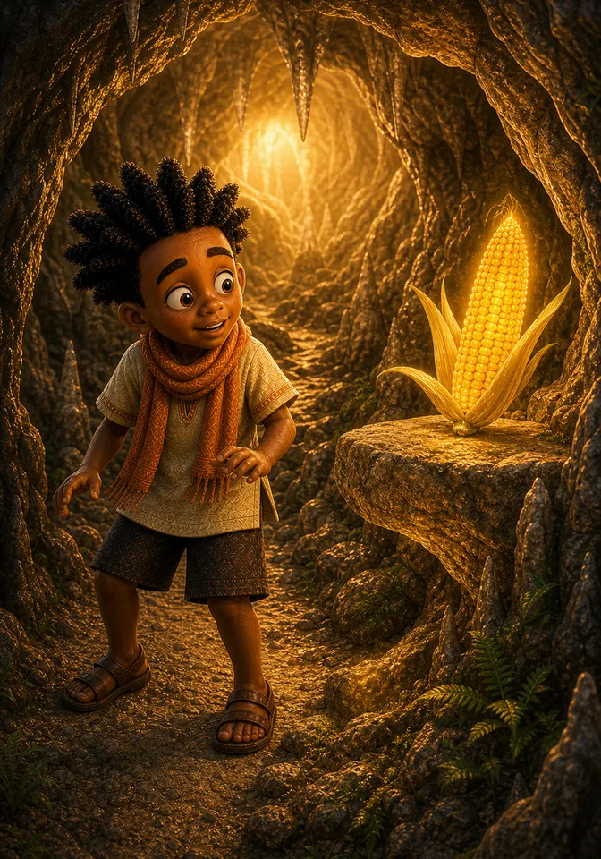 Kweku finds the glowing golden ear of corn on a cave shelf.