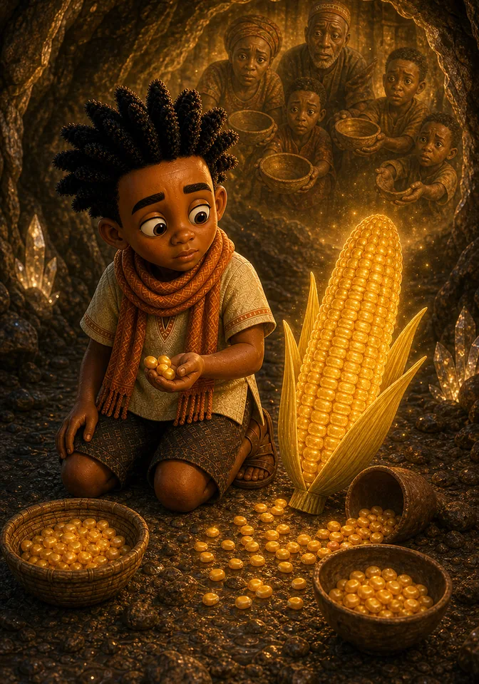 Kweku realizes the glowing corn kernels are seeds for the village.