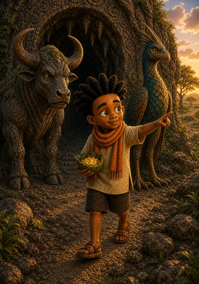 Kweku exits the cave with wrapped seeds as the guardians step aside.