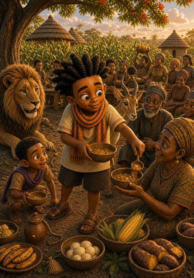 Kweku shares the corn harvest with the village after planting the seeds.