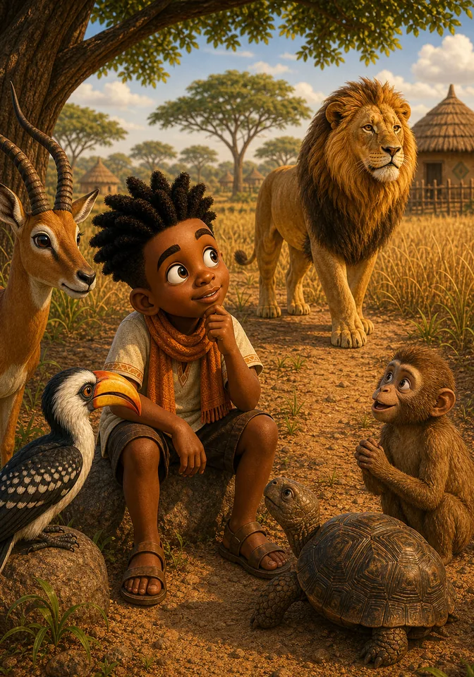 Illustration for Kweku Anansi and the Lion's Cloth Contest, page 2