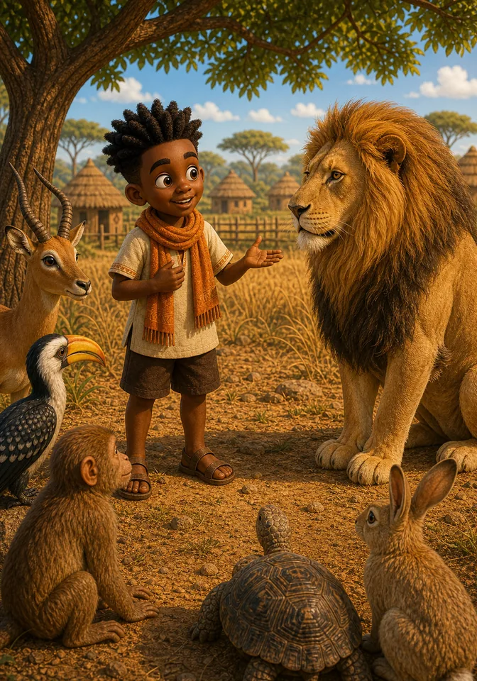 Illustration for Kweku Anansi and the Lion's Cloth Contest, page 3