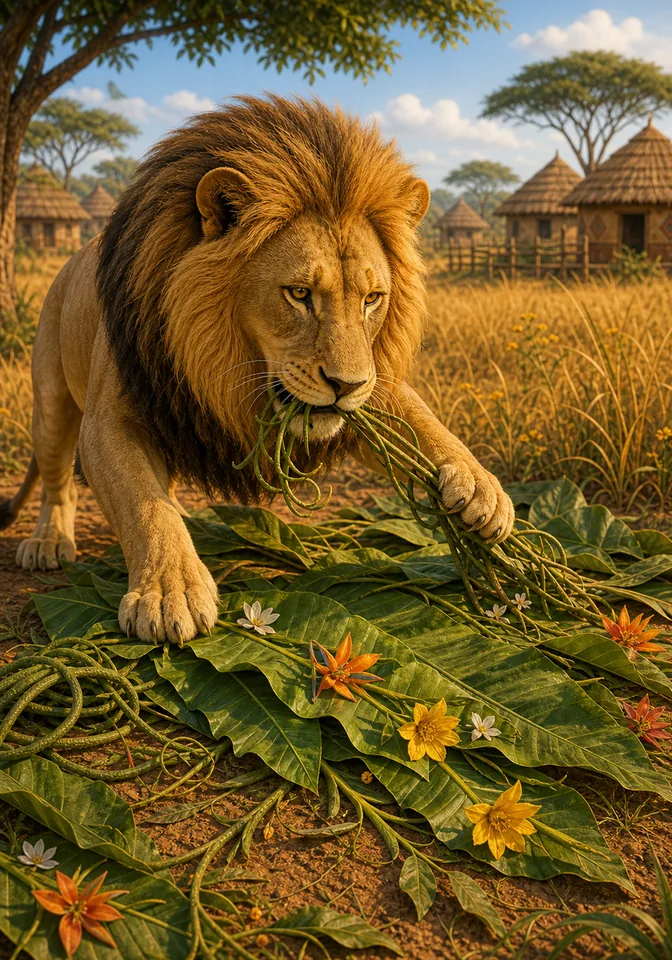 Illustration for Kweku Anansi and the Lion's Cloth Contest, page 4