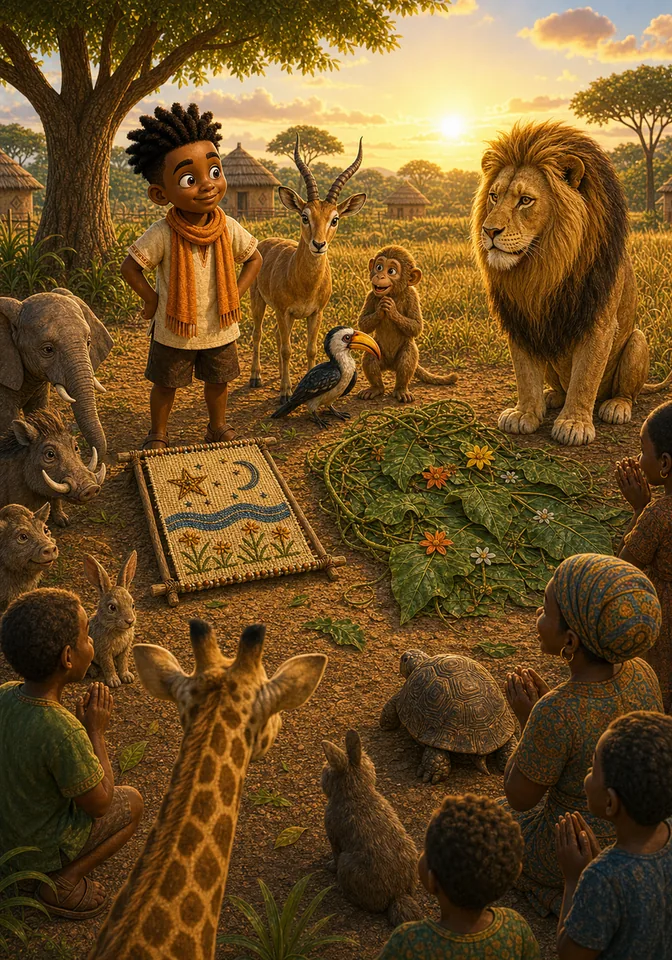 Illustration for Kweku Anansi and the Lion's Cloth Contest, page 9