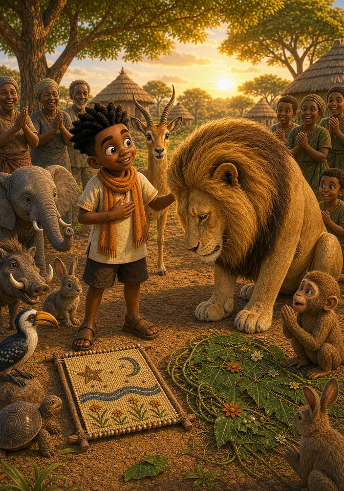Illustration for Kweku Anansi and the Lion's Cloth Contest, page 10