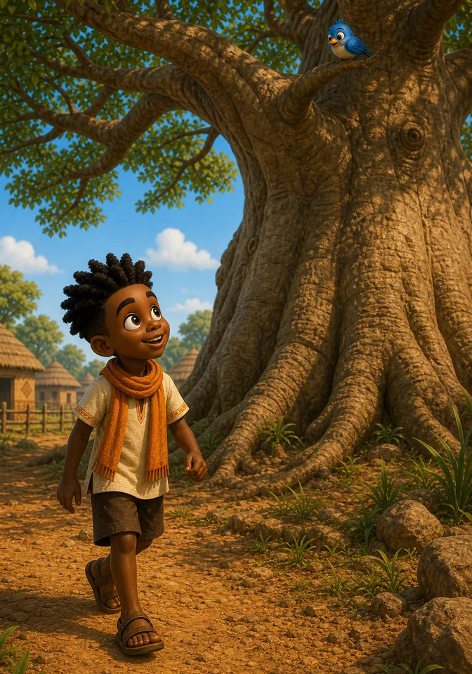 Kweku walks to a giant baobab tree where Piku the blue bird waits.