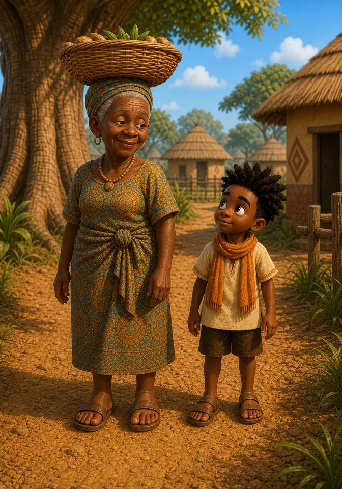 Grandmother Efua walks past Kweku with a basket on her head.