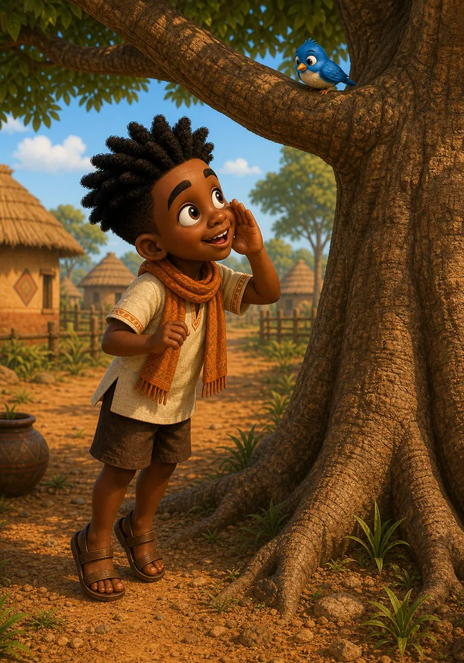 Kweku stands on tiptoe and whispers to Piku in the baobab tree.
