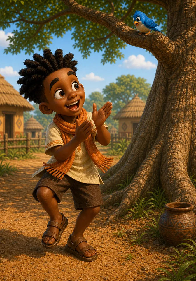 Kweku claps and wiggles while singing under the baobab tree.