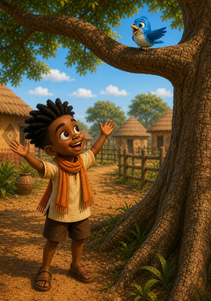 Piku sings from the branch while Kweku cheers below.
