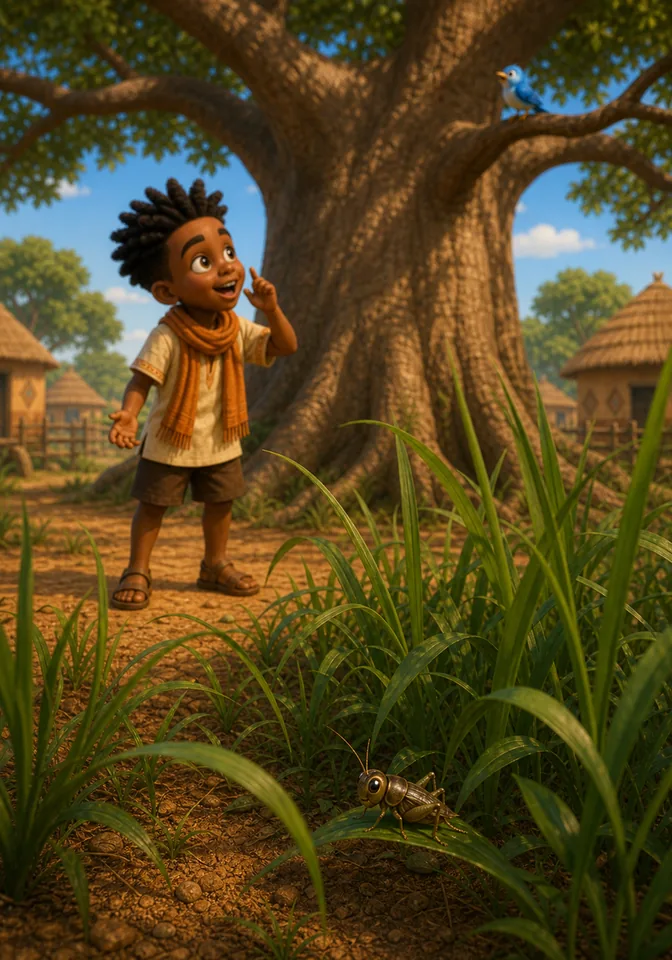 Zith the tiny cricket listens from the tall grass near the baobab tree.