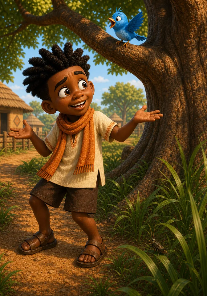 Kweku smiles in confusion as the bird and cricket make a wild mixed-up song.