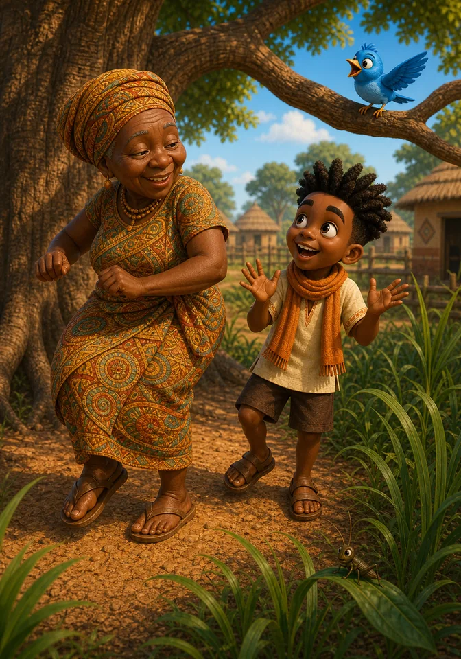 Grandmother Efua taps her feet to the rhythm under the baobab tree.
