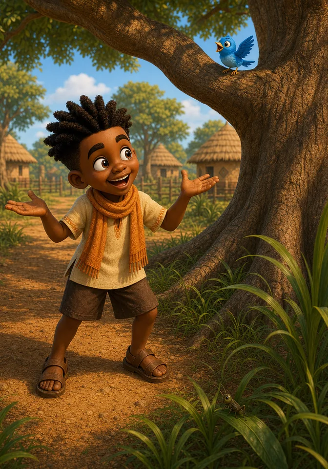 Kweku laughs happily with Piku above and Zith in the grass below.