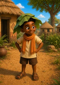 Kweku smiles in the sunny village wearing a floppy green leaf hat.