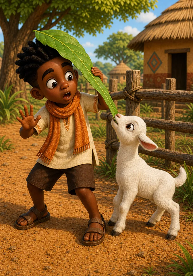 Hornless baby goat Kofi nibbles the edge of Kweku's green leaf hat.