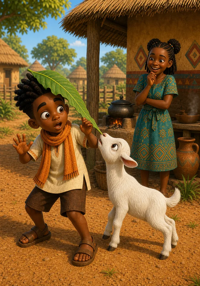 Esi laughs by the cooking hut as Kofi tugs at Kweku's leaf hat.