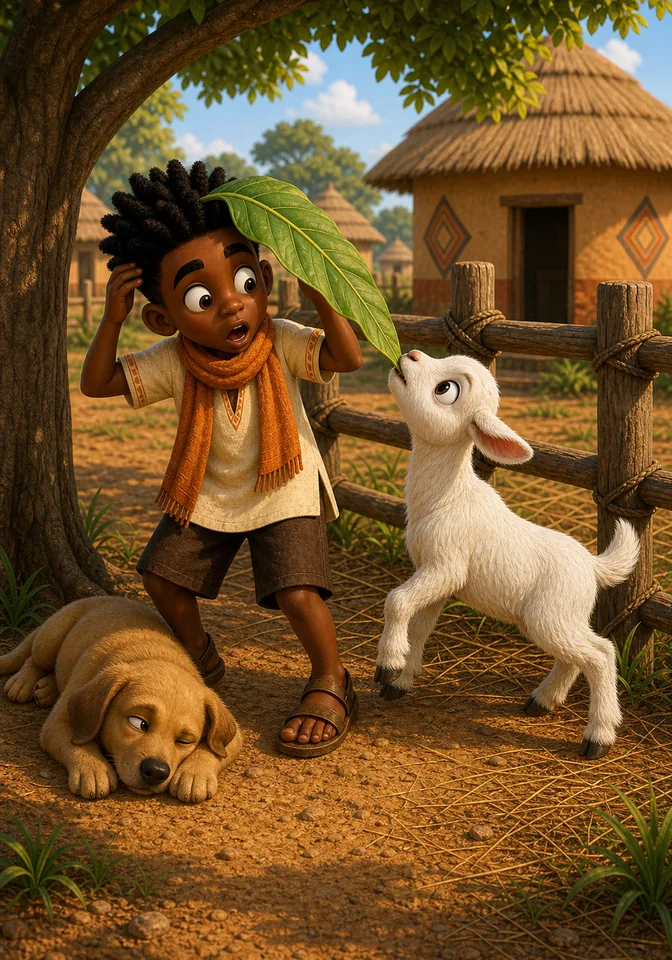Sleepy Snooze watches Kofi tug Kweku's leaf hat beside the goat pen.