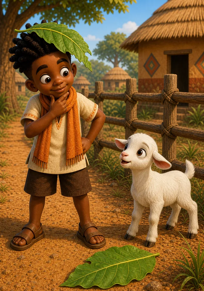 Kweku thinks of a trick after noticing a juicy green leaf on the ground.