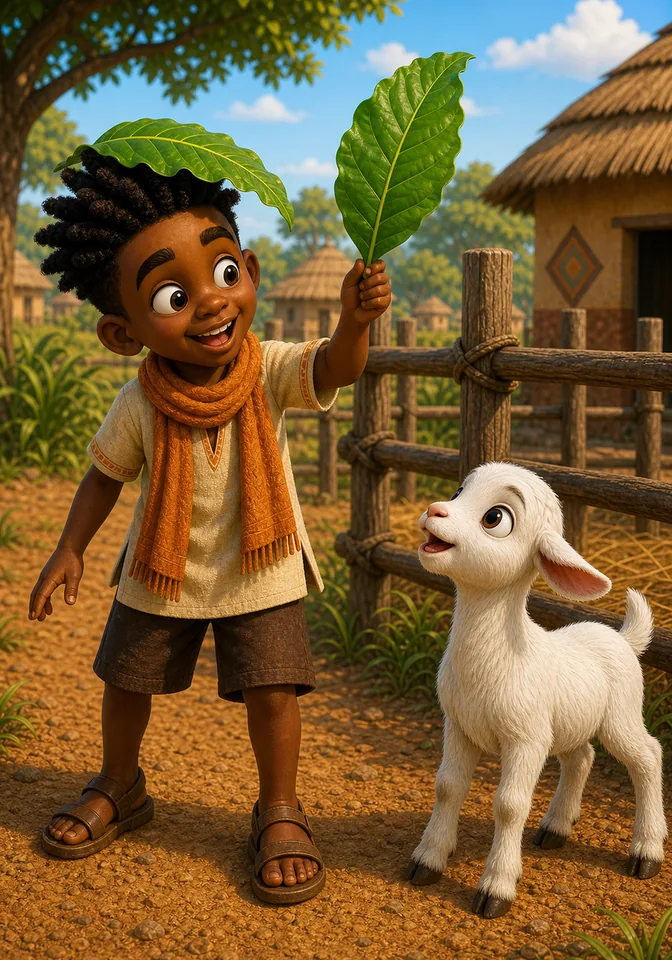 Kweku waves a fresh green leaf while Kofi looks up at it.