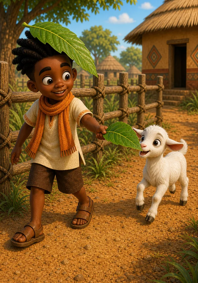 Kofi trots after the green leaf in Kweku's hand.
