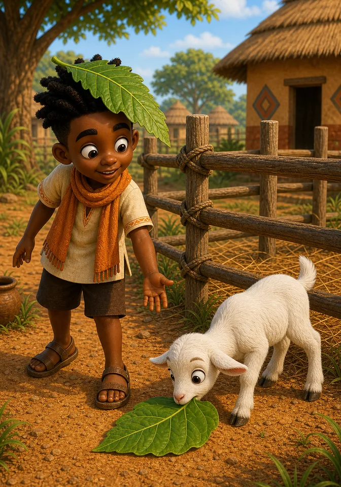 Kweku drops the green leaf by the goat pen and Kofi begins to eat it.