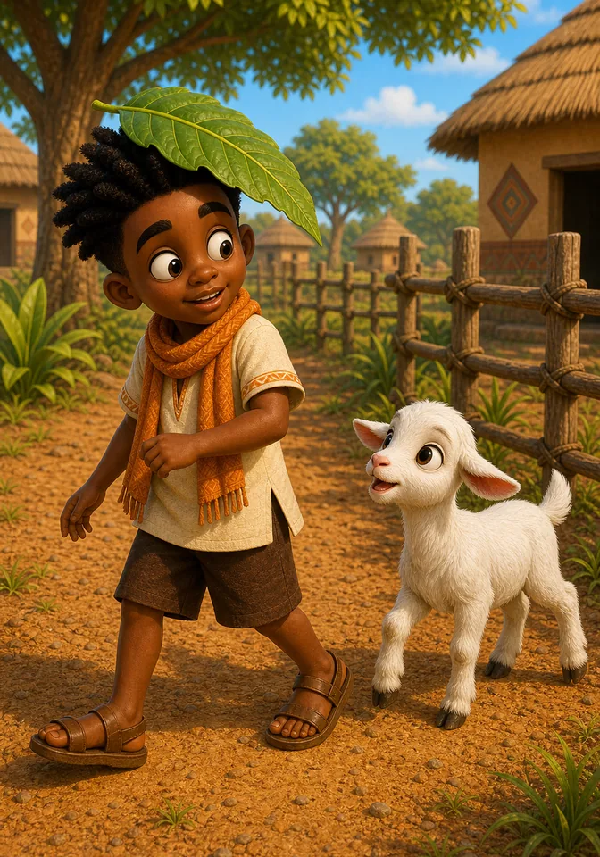 Kofi follows directly behind Kweku across the village yard.