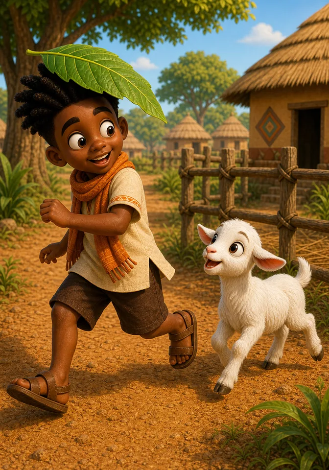 Kweku runs playfully with the hornless baby goat Kofi following close behind.