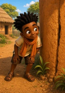 Kweku watches a warm orange clay wall for a hidden creature.