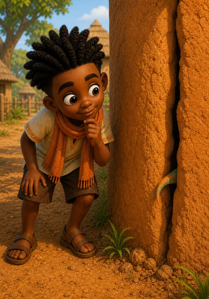A tiny colorful lizard tail peeks from a dark crack as Kweku watches.