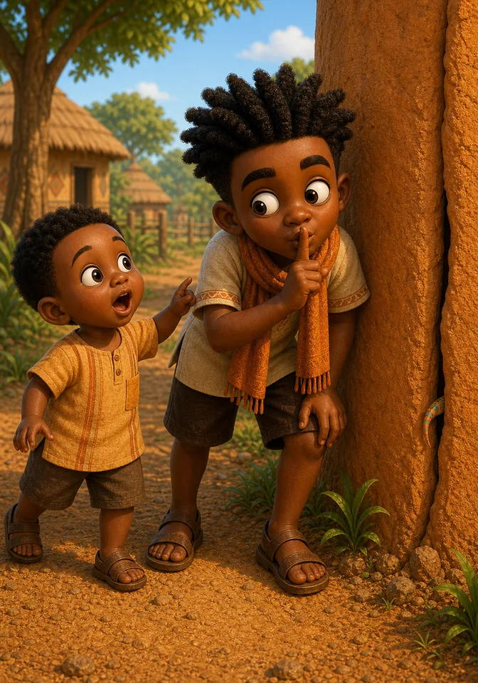 Kweku makes a quiet shushing gesture beside his younger cousin Kwesi.
