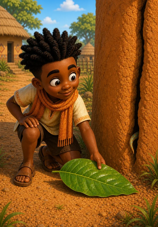 Kweku places a large shiny green leaf in front of the wall crack.