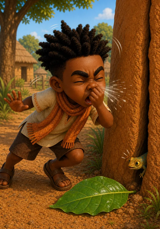 Kweku sneezes loudly beside the shiny leaf as the lizard reacts.