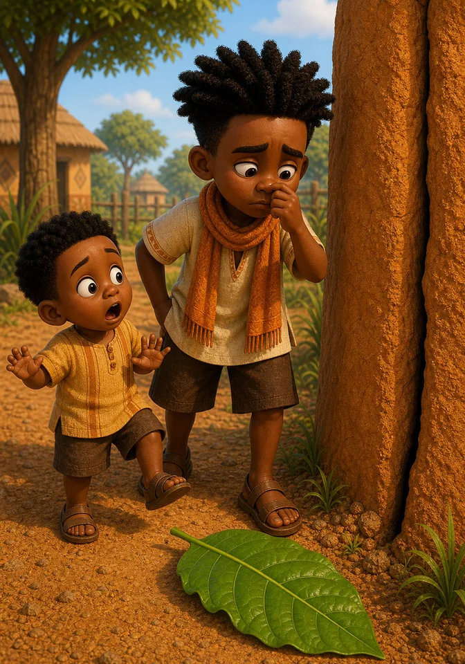 Kweku rubs his nose sadly while surprised Kwesi looks toward the empty wall crack.