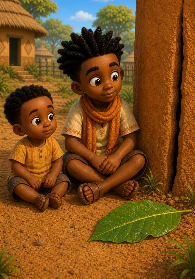 Kweku and Kwesi sit very still beside the shiny leaf and clay wall.