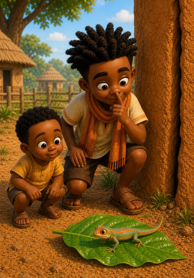 The colorful four-legged lizard rests on the shiny leaf while Kweku and Kwesi watch quietly.