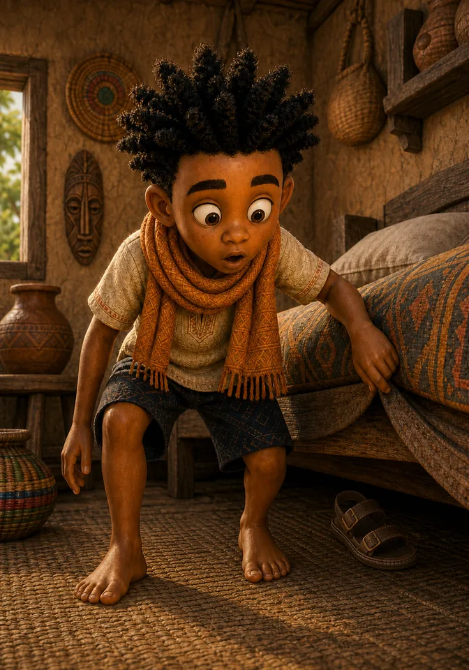 Kweku finds only one sandal under the bed.