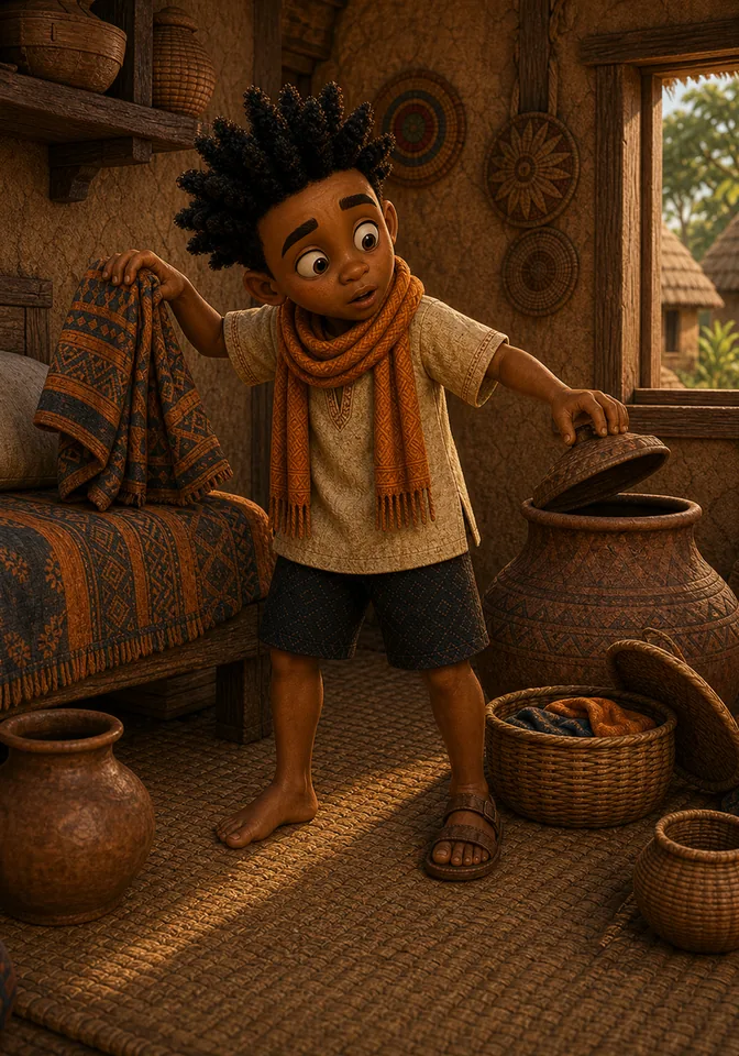 Kweku searches his hut for the lost sandal.