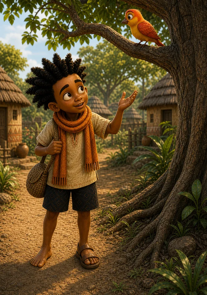 Kweku asks Okyere the bird to search the tree.