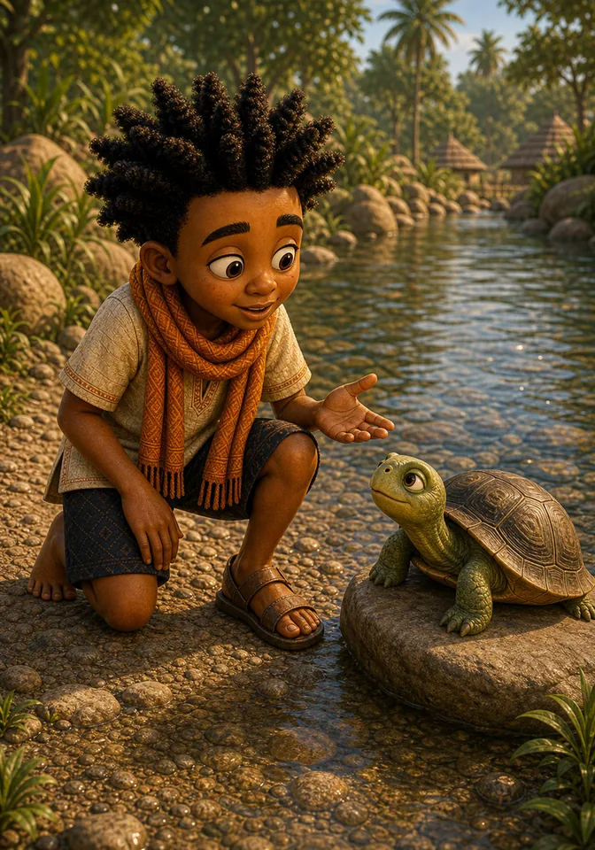 Kweku asks Kwesi Turtle to search the river.