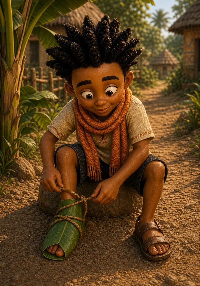 Kweku makes a banana leaf shoe.