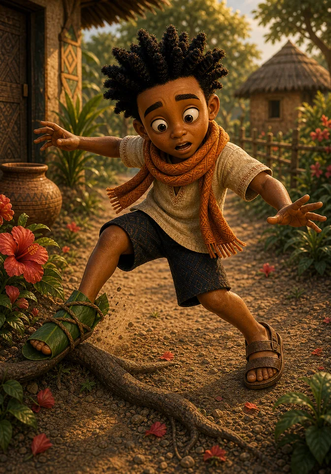 Kweku trips softly near his garden.