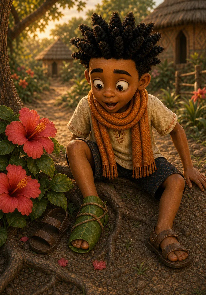 Kweku finds the missing sandal under hibiscus flowers.
