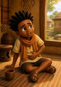 Hungry Kweku sits up in his village room with one hand on his belly.