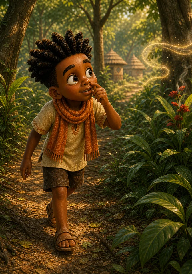 Kweku follows a delicious smell along a Ghanaian forest path.